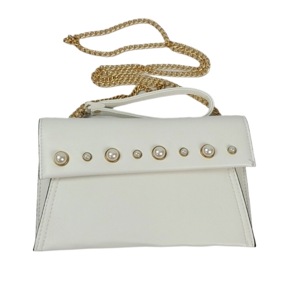 Pearl Clutch White Cream Purse Handbag w/ Gold Chain - Picture 7 of 7